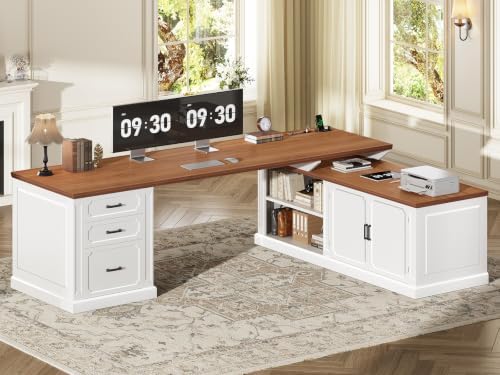 SEDETA Farmhouse L Shaped Desk with Drawers, 70.9" Home Office Desk with Storage Cabinet and Storage Shelves, L Shaped Computer Desk with Power Outlet，White+Brown by SEDETA