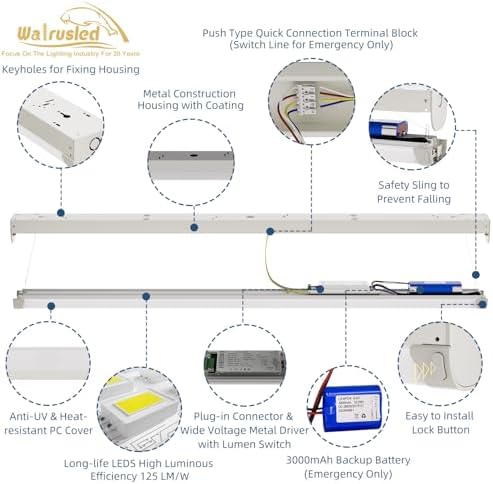2 Pack 4FT LED Linear Strip Emergency Stairwell Light, 2 Wattages Selectable, 20W/40W, 2500lm/5000lm, Battery Backup, 5000K, IP20, 0-10V Dimmable 4 Foot Commercial LED Shop Ceiling Light Fixture, ETL - Image 5