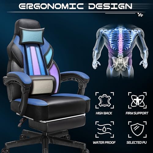 Video Game Chair for Adults, Gaming Chair with Footrest, Big and Tall Computer Chair with Massage Lumbar Support 330lbs Weight Capacity, Adjustable Height, 360° Swivel Seat and Headrest (Blue) - Image 5