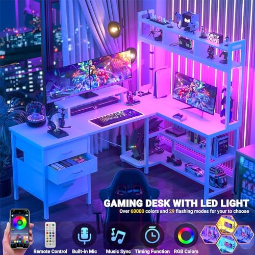 Aheaplus L Shaped Gaming Desk with Hutch, Gaming Desk with Led Lights, Reversible Computer Desk with Power Outlet, Corner Desk with File Drawer & Monitor Stand, Storage Shelves for Home Office, White - Image 3