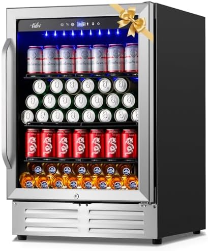 24 Inch Beverage Refrigerator Cooler,210 Cans Wide Beverage and Beer Fridge with Glass Door and Powerful Cooling Compressor, Built-in/Freestanding Drink Fridge for Kitchen, Bar or Office by Velieta-SpecialistinFridge