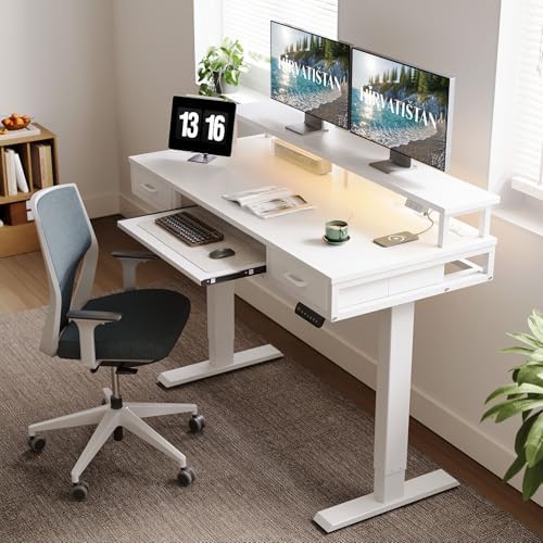 AODK 55 Inch Electric Standing Desk with Drawers & Keyboard Tray, White - Image 2