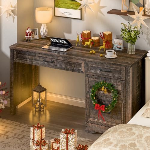 Vabches Farmhouse Executive Desk with Storage and Ample File Drawer, Rustic Large Home Writing Desk for Bedroom, Dark Oak - Image 4