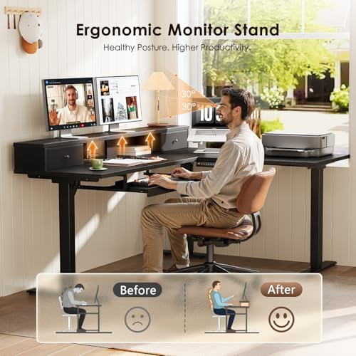 OffiGo 59 Inch L Shaped Electric Standing Desk with Drawers, Black - Image 5