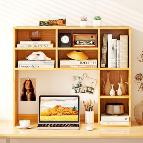 Tangkula Desktop Bookshelf, 37" Countertop Storage Hutch with 7 Cubes & 3 Adjustable Shelves, 3-Tier Desk Display Rack Organizer, Multipurpose Wood Desktop Hutch for Dorm Home Office (Burlywood) - Image 5