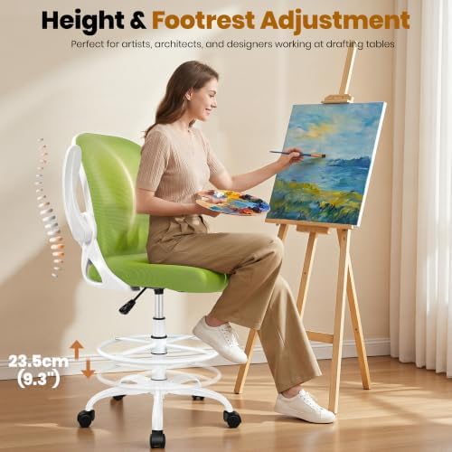 Primy Drafting Chair Tall Office Chair with Flip-up Armrests Executive Ergonomic Computer Standing Desk Chair with Lumbar Support and Adjustable Footrest Ring (Green) - Image 6