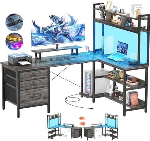 Aheaplus L Shaped Desk with Hutch, Gaming Desk with Led Lights, Reversible Computer Desk with Power Outlet, Corner Desk with File Drawer & Monitor Stand, Storage Shelves for Home Office, Black Oak by Aheaplus