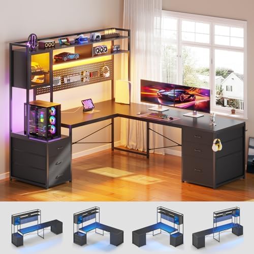 SEDETA Reversible L Shaped Gaming Desk with 6 Drawers, Hutch, Led Lights - Image 3