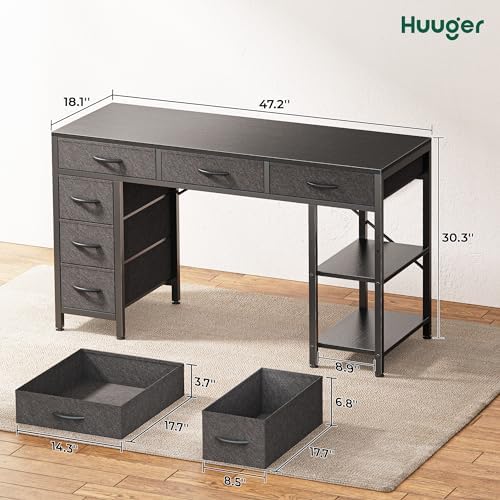 Huuger Computer Desk with 6 Drawers, Office Desk with Shelves, Reversible Gaming Desk, Corner Desk with Storage, Work for Home Office, Study, Living Room, 47inch, Black - Image 3