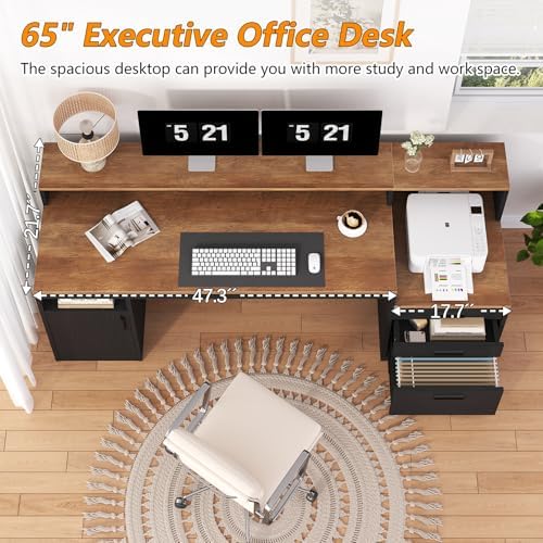 YOMILUVE Computer Desk with 3 Drawers & Storage Shelves, 65 Inch Home Office Desk with File Drawer & Cabinet, Writing Study Desks with Monitor Stand & Printer Shelf, Executive Desk, Brown and Black - Image 4