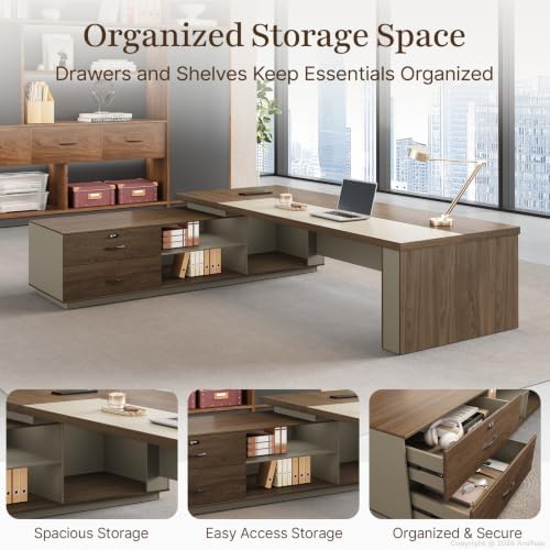 95" Reversible L-Shaped Executive Desk with Drawers – Luxury Office Desk with Open Shelves, LED Lighting, Built-in Outlet & USB Ports for Home, Office, Corporate, School (Black Walnut & Khaki) - Image 4