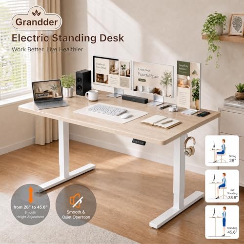Grandder 55x32 Large Electric Standing Desk, Height Adjustable Computer Desk with 2 Memory Presets, 31.5" Deep Desktop Sit Stand Desk Home Office Desk Workstation Table with Hooks, Light Walnut - Image 4