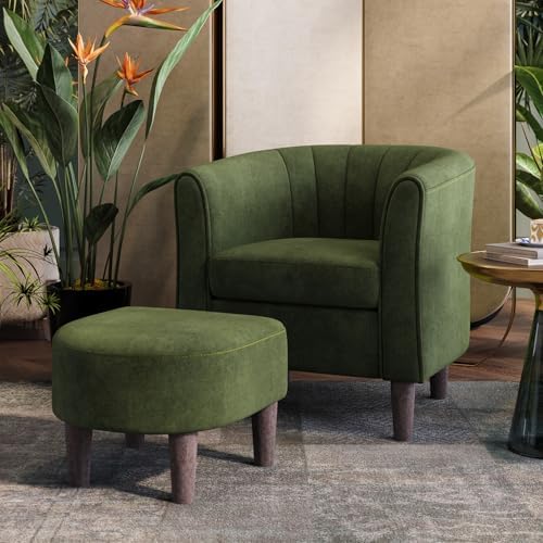 LINSY Accent Chair with Ottoman, Modern Barrel Chair Small Armchair Reading Chair with Footrest, Comfy Round Arms Chair for Living Room Bedroom Reading Room, Velvet, Olive Green by Linsy