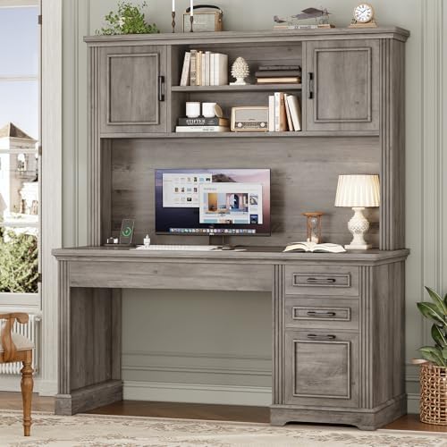 SEDETA Office Desk with 3 Drawers, 47.2" Executive Computer Desk with Storage Drawers and Hutch Cabinet, Wood Farmhouse Desk with Power Outlet for Home Office, Grey by SEDETA