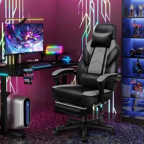 Gaming Chair for Adult, Computer Chair with Footrest Video Game Chair Big and Tall Gaming Chair with Massage Lumbar Support, Adjustable Height and 360° Swivel Seat(Grey) - Image 2