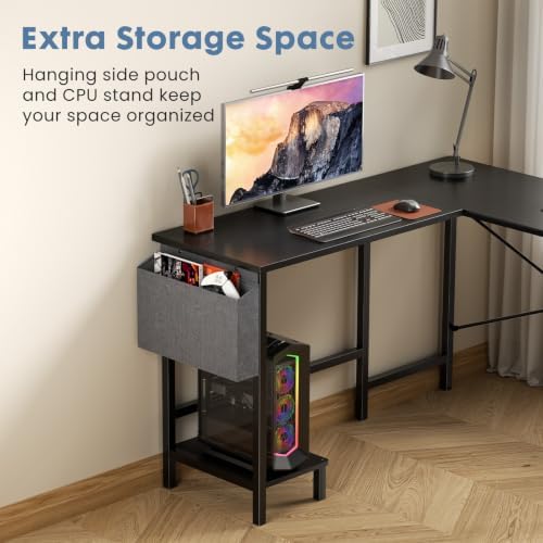DUMOS L Shaped Computer Corner Desk with PC Stand, Black - Image 4