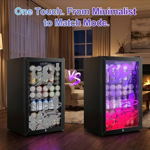 Small Beverage Refrigerator with LED Light Up Door – 128 Can Freestanding Drink Fridge, Mini Beer Cooler with 4 Removable Shelves, Child Safety Lock for Party Bar Gaming Room,World Cup Edition - Image 2