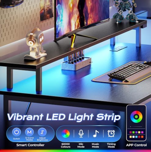 PRAISUN 40 inch Gaming Desk, LED & Power Outlets, Monitor Stand, Black - Image 6