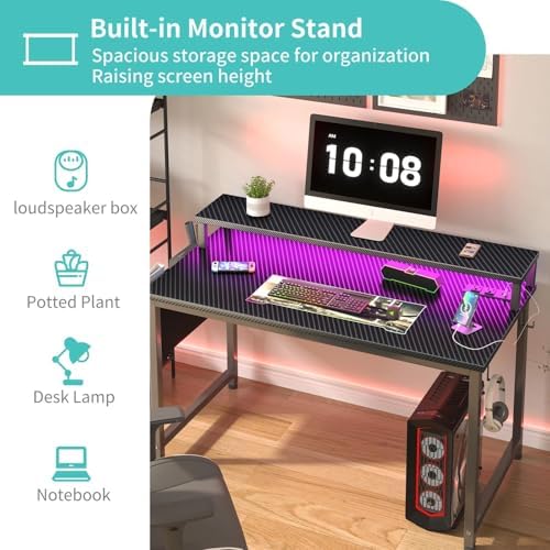 Lufeiya Gaming Desk with Power Outlets and LED Lights, 40 Inch Gamer Desk Table with Charging Station, Home Office Computer Desks with Monitor, Black - Image 5