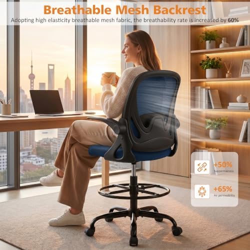 Drafting Chair Tall Office Chair with Flip-up Armrests, Adjustable Height, Enhanced Lumbar Support Ergonomic Rolling Stool, Back Support, Adjustable Foot Rest Ring for Standing Desk Navy - Image 6