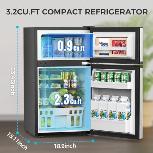 COWSAR 3.2 Cu.Ft Fridge with Freezer, Double Door Compact Refrige for Bedroom, Adjustable Thermostat, Energy-efficient Low Noise Small Refrigerator For Dorm, Office, Bar, RV, Commercial,Silver - Image 4