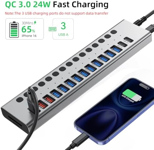 VANGREE Powered USB Hub 10Gbps, 17 Ports USB 3.2 Hub, 96W Power Adapter - Image 5