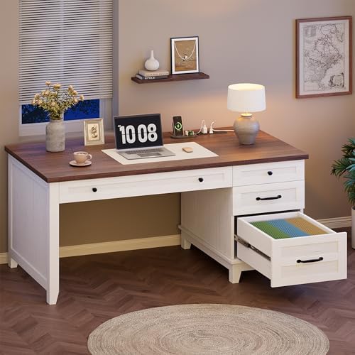 GarveeHome Executive Desk with Drawers, Farmhouse Home Office Desk with Charging Station, 53.54 in Wooden Computer Desk with File Cabinet Storage for Work Study Writing,White Walunt by GarveeHome
