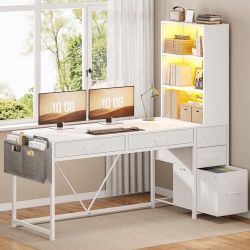 SEDETA Computer Desk with 5 Drawers and Bookshelf, Reversible Home Office Desk with Storage Shelves and File Drawer, Gaming Desk with LED Lights for Small Spaces, White - Image 3
