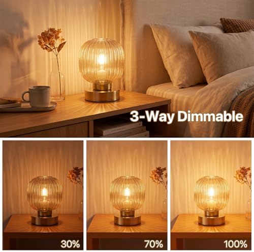 Elenhome Amber Touch Glass Table Lamp, 3-Way Dimmable Bedside Lamp, Vintage Mid-Century Modern Small Nightstand Lamp for Bedroom and Living Room, Ambient Mood Lighting, LED Bulb Included - Image 3