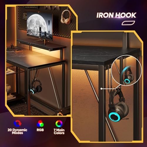 Bestier 42-Inch L-Shaped Gaming Desk with Charging & LED, Marble Black - Image 5