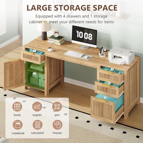 62" Fluted Computer Desk with 4 Drawers & Storage Cabinet for Home Office - Image 7