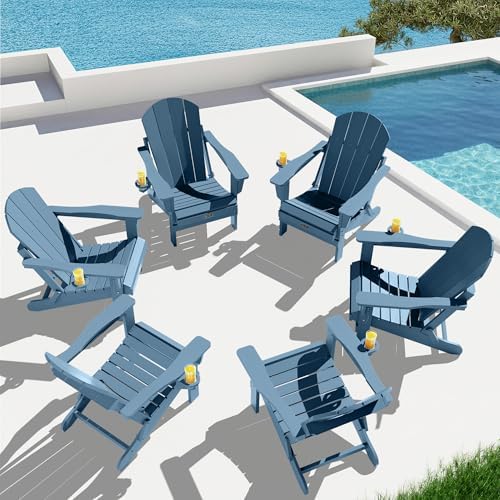 SERWALL Folding Adirondack Chair with Cup Holder Set of 6 for Outdoor -Blue by SERWALL