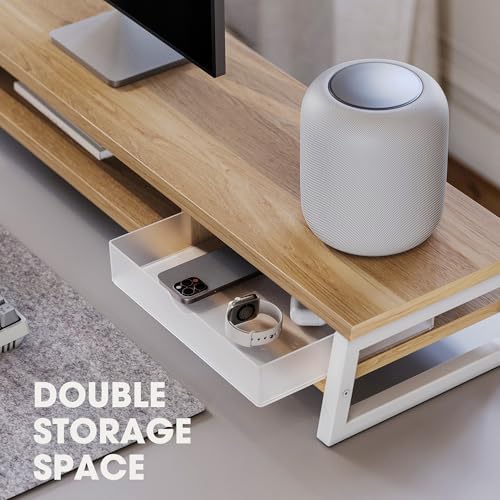 Fenge Dual Monitor Stand Riser, 42.5in Desk Shelf with 2 Drawers, Dark Oak - Image 5