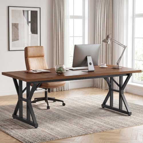YOUDENOVA 71 Inch Executive Desk, Large Computer Office Desk Workstation with Thick Desktop & Heavy Duty Metal Legs, Modern Industrial Wood Writing Study Table for Home Office (Deep Brown/Black) by YOUDENOVA