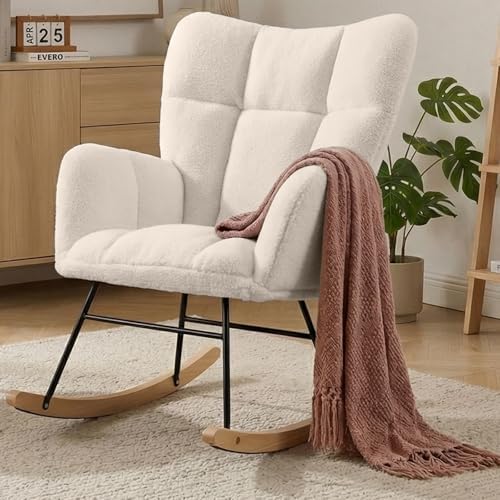 Nursery Rocking Chair, Teddy Upholstered Glider Chair with Thick Cushion, Tufted Gliding Rocker Chair with Wood Leg, Cozy Rocking Armchair, Accent Rocking Chair for Living Room (Ivory) by Wryxplor