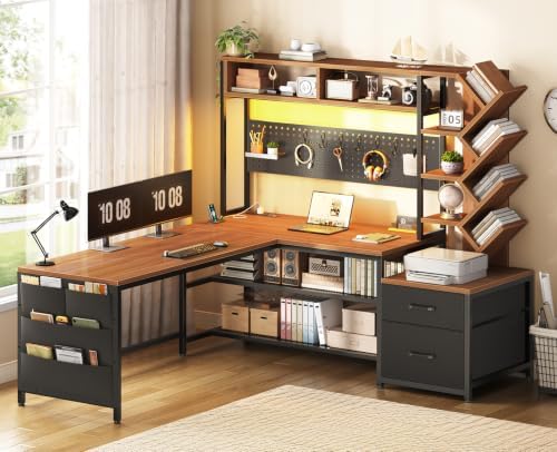 SEDETA L Shaped Office Desk with Drawers and Hutch, Convertible 97.6" Double Computer Desk, Corner Gaming Desk with Storage Shelves, LED Light and Power Outlet, Black and Brown by SEDETA