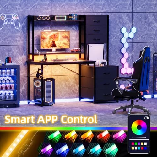 MUTUN 47 Inch Computer Gaming Desk with Hutch Power Outlet and LED Strip, Home Office Work Study Writing Desk with 6 Fabric Drawers and Storage for Bedroom, Escritorios para Computadoras, Black - Image 4