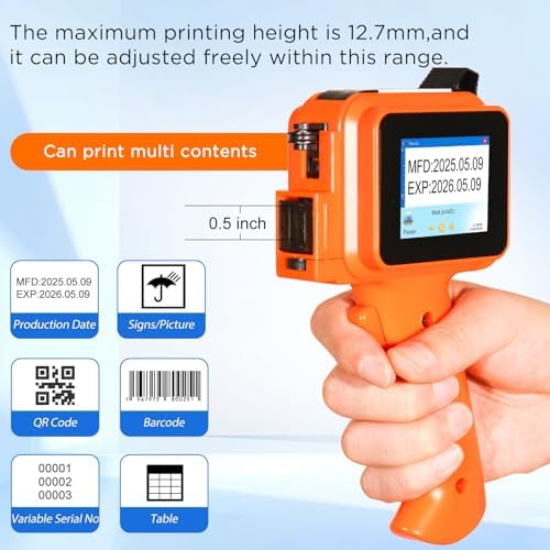 Handheld Inkjet Printer with 42ml Quick-Drying Ink Cartridge, 0.5 Inch Nozzle Ink Jet Coding Machine for EXP Date/Batch Number/QR Code/Barcode/Logo/Text (ZM-C12mini) (Orange) - Image 2