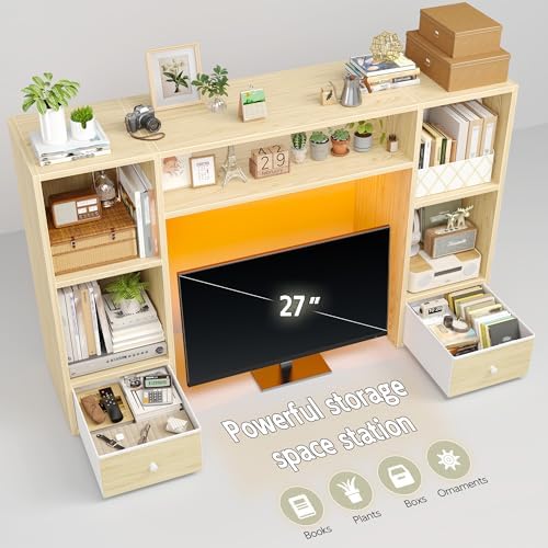 REIBII 47.2" Desktop Bookshelf, 6 Shelves & 2 Drawers, LED Lights, Natural - Image 3