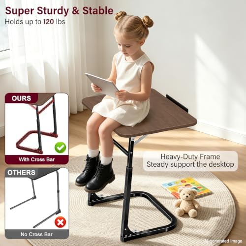Extra Large TV Dinner Tray Table & End Table, Height & Angle Adjust Laptop Desk, Easy to Install, Foldable &Easy to Store, with Phone & Tablet Stand, for Couch, Bed, Side, Walnut Wood Desktop - Image 4