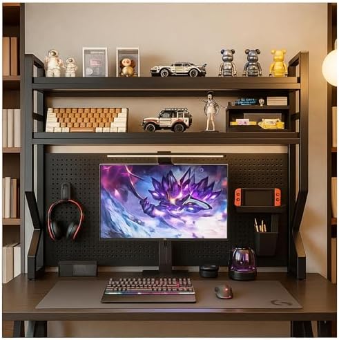 Desktop Hutch Bookshelf,Many Gifts,Metal Desktop Bookcase with pegboard, Desk Shelf, Countertop Storage Organizer Rack for Dorm or Office,Desktop Shelves (Black, 53.1" Lx9.9 Wx39 H) by Unknown