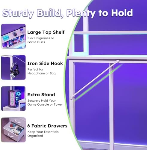 MUTUN 47 Inch Computer Gaming Desk with Hutch Power Outlet and LED Strip, Home Office Work Study Writing Desk with 6 Fabric Drawers and Storage for Bedroom, Escritorios para Computadoras, White - Image 7