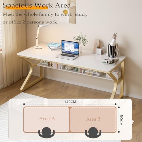 OSCHF 55-Inch Extra Long Desk with Storage Shelf, Gold - Image 3