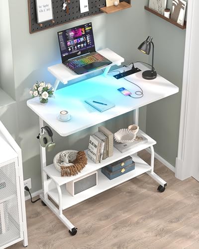 Height Adjustable Standing Desk with Power Outlets and LED Lights - 32" Manual Stand Up Desk with Monitor Stand and Storage Shelves Small Mobile Rolling Computer Desk Portable Laptop Table, White - Image 2