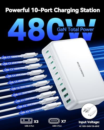 Rocoren 480W GaN 10‑Port Charging Station,PD 100W Fast Charger Block Hub - Image 2