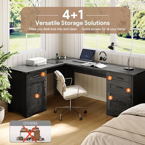 Decofy 67" Farmhouse L Shaped Standing Desk with Drawers Home Office Executive Desks with Fast Charging Station, Lockable File Cabinet, Wood Writing Computer Desk for Work, Study - Image 7