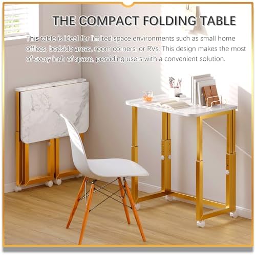4NM No Tool Assembly 23.6" Small Desk, Folding Portable Desk with Wheels, Adjustable Height Foldable Computer Home Office Desks, Collapsible Study Writing Table for Space Saving Bedroom - White Gold - Image 3