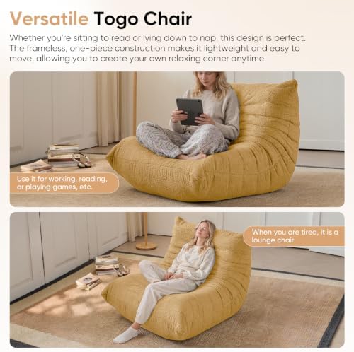 Adults Bean Bag Chairs Togo Couch Comfy Lazy Floor Sofa, Yellow, 1 Seater - Image 4