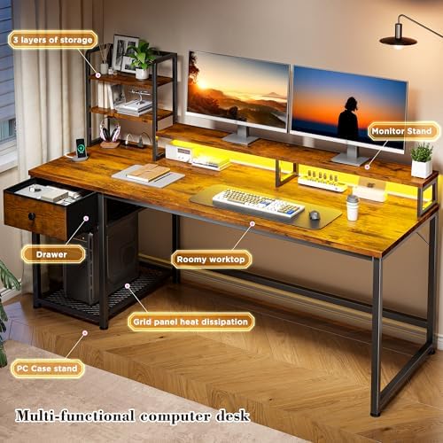 EnHomee 55" Reversible Computer Desk, Hutch, USB & LED, Rustic Brown - Image 5