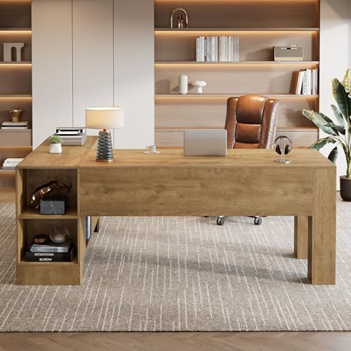 Tribesigns L-Shaped Executive Desk, 78-Inch Office Desk with Storage Cabinet and 2-Tier Shelf, Large Wooden Computer Writing Table Business Furniture Workstation for Home Office, Brown - Image 4